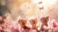 Three kittens are looking at butterflies in a field Generative AI