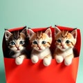 Three kittens pop out of a red candy box,generated illustration with AI