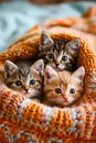 Three kittens sit together in knitted container each with different colored eyes. Generative AI Royalty Free Stock Photo