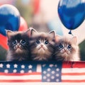 Three kittens are sitting in a box with balloons. Generative AI image. Royalty Free Stock Photo