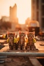 Three kittens are sitting on a table in the sun. Generative AI image.