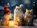 three kittens, two in warm winter hats , sitting in the snow, a flashlight glowing