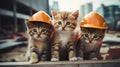 Three kittens wearing hard hats on a construction site. Generative AI image. Royalty Free Stock Photo