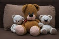 Three knitted bears sitting on a soft sofa. Royalty Free Stock Photo