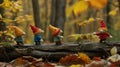 Three knitted gnome dolls on a fallen log in an autumnal forest Royalty Free Stock Photo