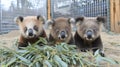 Three koala bears are standing in a cage next to some eucalyptus leaves, AI