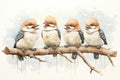 three kookaburras in a row, laughing on a pine tree branch Royalty Free Stock Photo