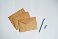 Three kraft paper envelopes and pen