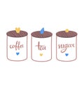 Three labeled kitchen containers for coffee, tea, sugar with hearts. Pastel-colored canisters set with wooden lids and