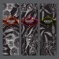 Three labels with bergamot, peppermint and eucalyptus sketch on black. Royalty Free Stock Photo