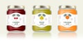 Three labels fruit jam. Cherry, pear, orange jam labels and packages. Three packaging.