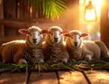 Three lambs rest in warm light in barn with rustic wood and vegetation Royalty Free Stock Photo