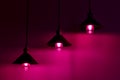 Three lamps with vintage incandescent bulbs in pink light Royalty Free Stock Photo