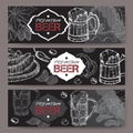 Three landscape beer banners with beer keg, mug, chips, nuts, hop branch and snack plate on black.
