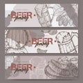 Three landscape beer party banners with beer keg, mug, chips, hop branch and snack plate.