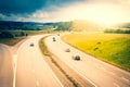 Three-lane highway, sky, view from the above Royalty Free Stock Photo