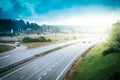 Three-lane highway, sky, view from the above Royalty Free Stock Photo