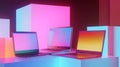 Three Laptops with Blank Screens in a Neon-Lit Room Royalty Free Stock Photo