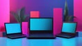 Three Laptops with Blue Screens in a Neon-Lit Room with Palm Fronds Royalty Free Stock Photo
