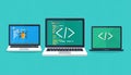 Three laptops display code one shows a bug within the code, hig Royalty Free Stock Photo