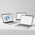 Three laptops displaying blue wireframe designs isolated on white background Royalty Free Stock Photo