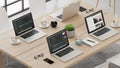 Modern workspace with laptops, coffee, and coding on a wooden table Royalty Free Stock Photo