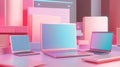 Three Laptops on a Pink and Blue Gradient Surface with Geometric Shapes Royalty Free Stock Photo