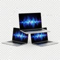 Three laptops with sound waves display isolated on white background isolated on white background Royalty Free Stock Photo