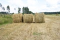 Three large bales of hay or straw lie in the field. In the distance you can see more bales with straw