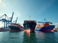 Three large cargo vessels are docked at the harbor, surrounded by loading cranes. Containers are stacked high Royalty Free Stock Photo