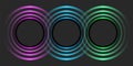 Three large circles pattern with effect ripples colorful halftone neon, circular blank frames shine abstract background, geometric