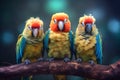 Three colorful parrots sit on a branch. Generative AI Royalty Free Stock Photo