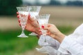 Three large glasses of white wine in female hands close-up. Celebrating an event or birthday. Wedding, friends toast with