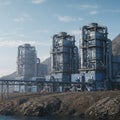 Three large industrial towers are situated on rocky terrain by the water. The structures, Royalty Free Stock Photo