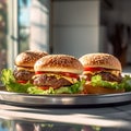 Large, juicy hamburgers served on a plate, garnished with lettuce and tomato slices, ai-generated