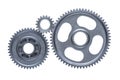 Three linked steel cog wheels.