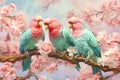 Three large mint pink parrots sit on a branch of sakura blossoms. Generative AI Royalty Free Stock Photo