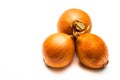 Three large onions lie in a heap together. Three onions lie in a circle, resting against the  tops Royalty Free Stock Photo