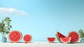 three large pieces of watermelon and a potted plant are sitting on the