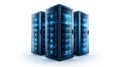 Three large server racks with glowing blue lights, symbolizing data storage and processing Royalty Free Stock Photo