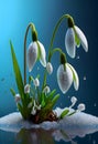 Three large snowdrops on a blue background. Generative AI content. Royalty Free Stock Photo