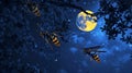 Three large wasps fly near the night moon