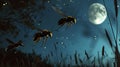Three large wasps fly near the night moon