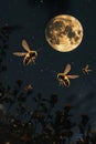 Three large wasps fly near the night moon