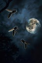 Three large wasps fly near the night moon