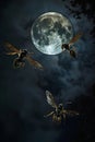 Three large wasps fly near the night moon