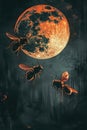 Three large wasps fly near the night moon