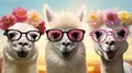 Three laughing alpacas in glasses and wreaths of flowers on their heads pose for the camera in a beautiful meadow, against the