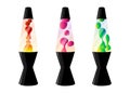 Three Lava lamps with liquid gradient. Concept of 70s decor astro lamp