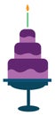 Three-layered birthday cake mounted on a stand with purple fondant and a candle on top of it vector color drawing or illustration